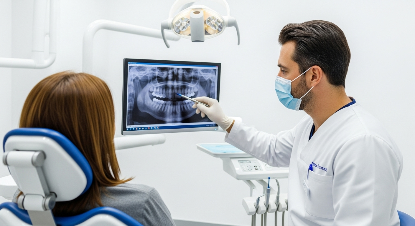 Moderne Zahnarztpraxis - Patient und Zahnarzt besprechen Röntgenbilder am digitalen Bildschirm